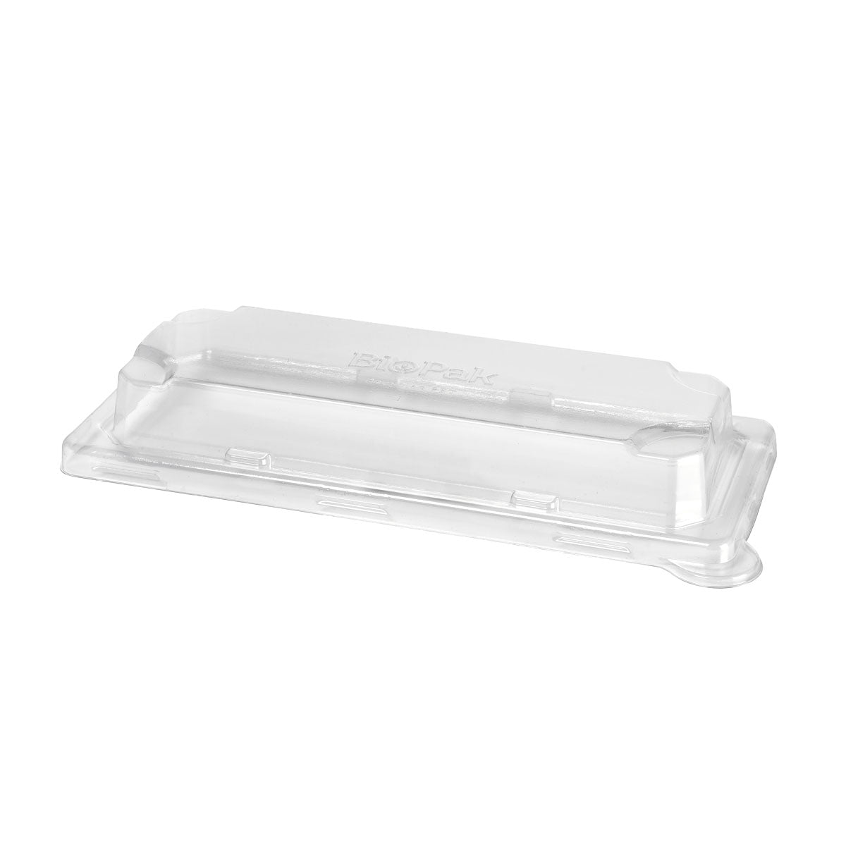 Der Duni GmbH rPET Deckel Sushi schlank lang, 232x103x33 mm, Transparent, kommt in einer Packung mit 50 Stück. Dieser klare rechteckige Sushi-Deckel mit leicht erhöhten Kanten und flacher Oberfläche ist auf weißem Hintergrund abgebildet.