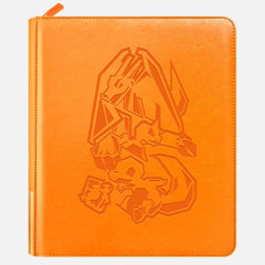 Orange leather Pokemon toploader binder with embossed Charizard design and signature orange zipper pull