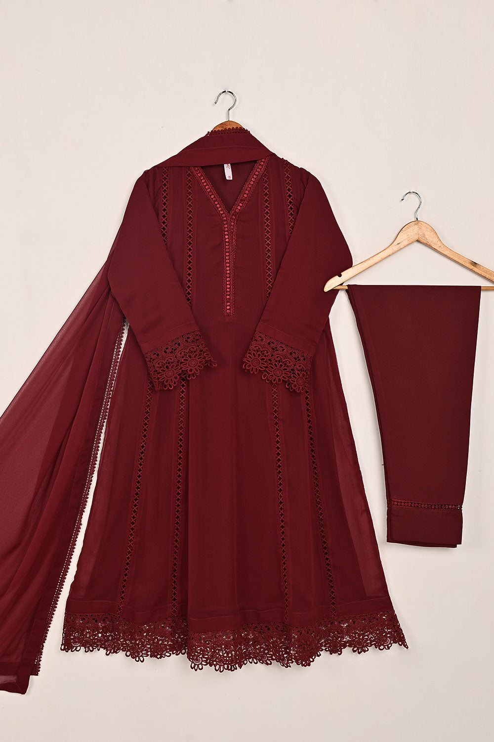 RTW-195-Maroon -  3Pc Ready To Wear Chiffon Frock