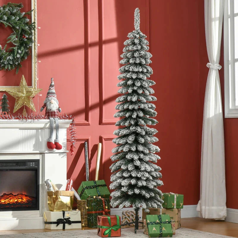 HOMCOM 7ft Snow-Flocked Artificial Christmas Tree – Slim Pencil Design, 490 Realistic Branches, Metal Base, Green