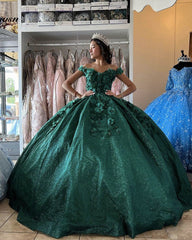 Emerald Green Lace Floral Quinceanera Dresses Sparkly Sequins Sweet 16 Dress Ball Gown vestidos de quinceañera