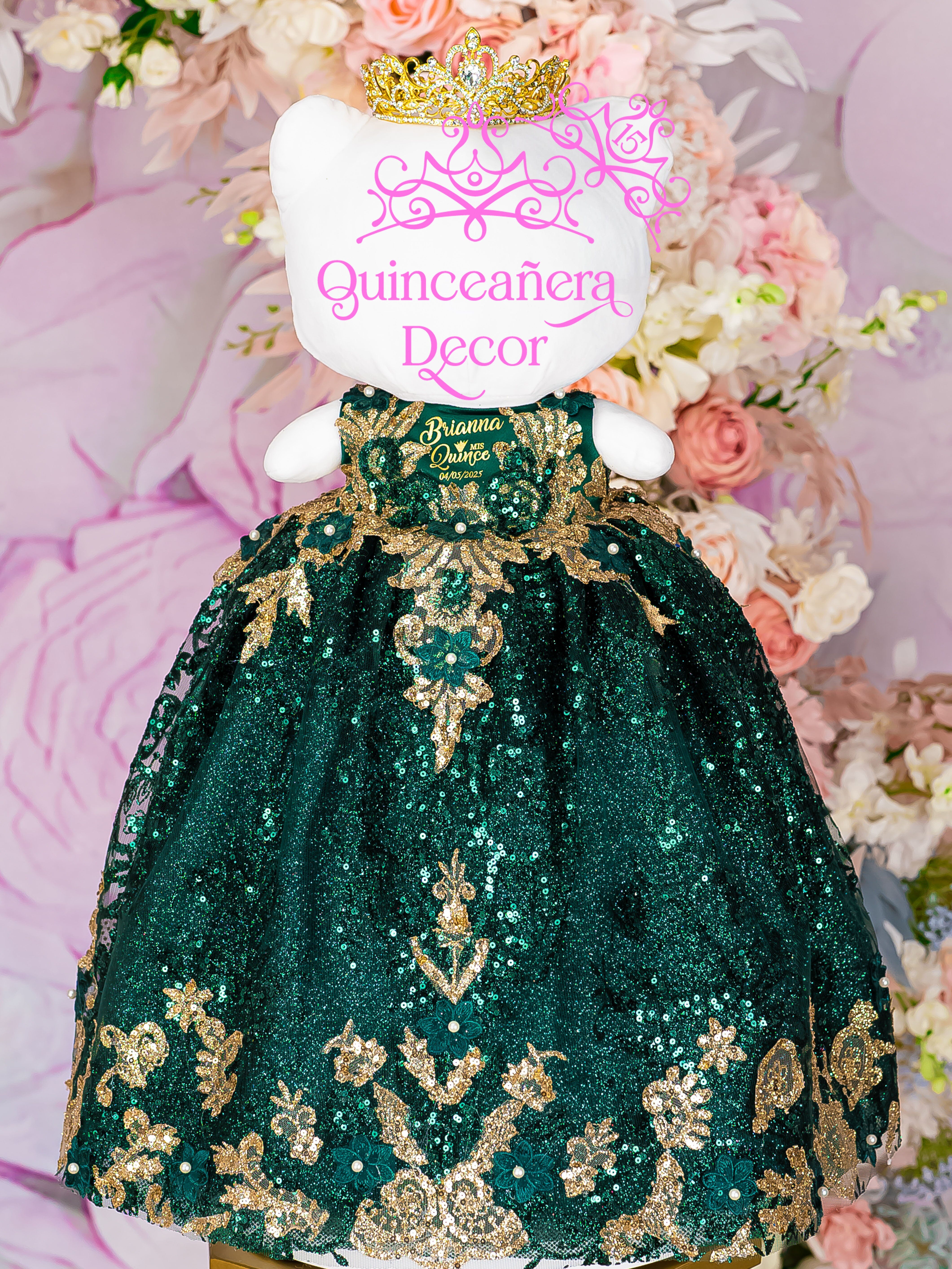 Emerald green with gold Kitty for quinceanera