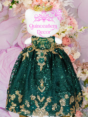 Emerald green with gold Kitty for quinceanera
