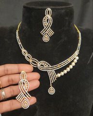 CZ Ribbon Necklace Set with Pearl