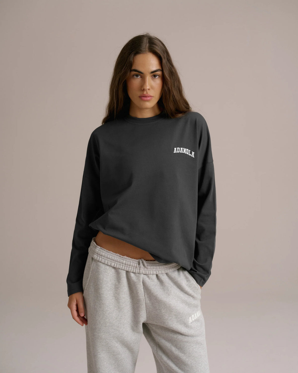 Varsity Long Sleeve Drop Shoulder T-shirt - Graphite Grey/Marshmallow White