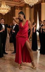 ASOS DESIGN Satin Cowl Neck Maxi Dress With Ruching Detail In Dark Red