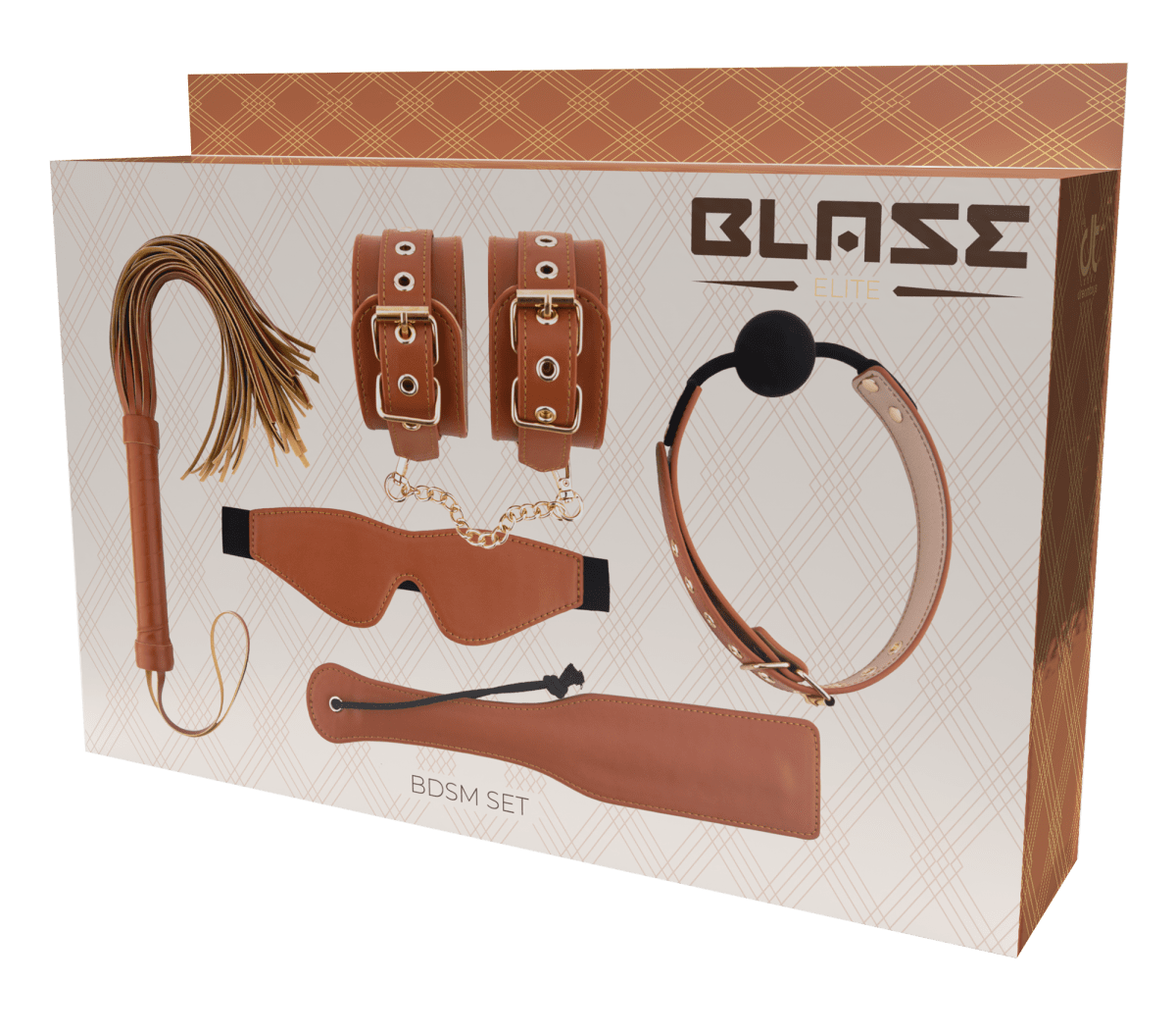 BDSM-setet Veganskt Läder Cognac innehåller justerbara handbojor, en ögonbindel, piska, paddel och ball gag. Tillverkat av veganskt läder för etisk elegans, detta set kombinerar komfort och stil för dina äventyrliga upplevelser.