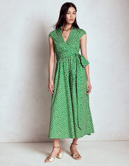 Julia Cotton Wrap Midi Dress-Highland Green, Painted Dot