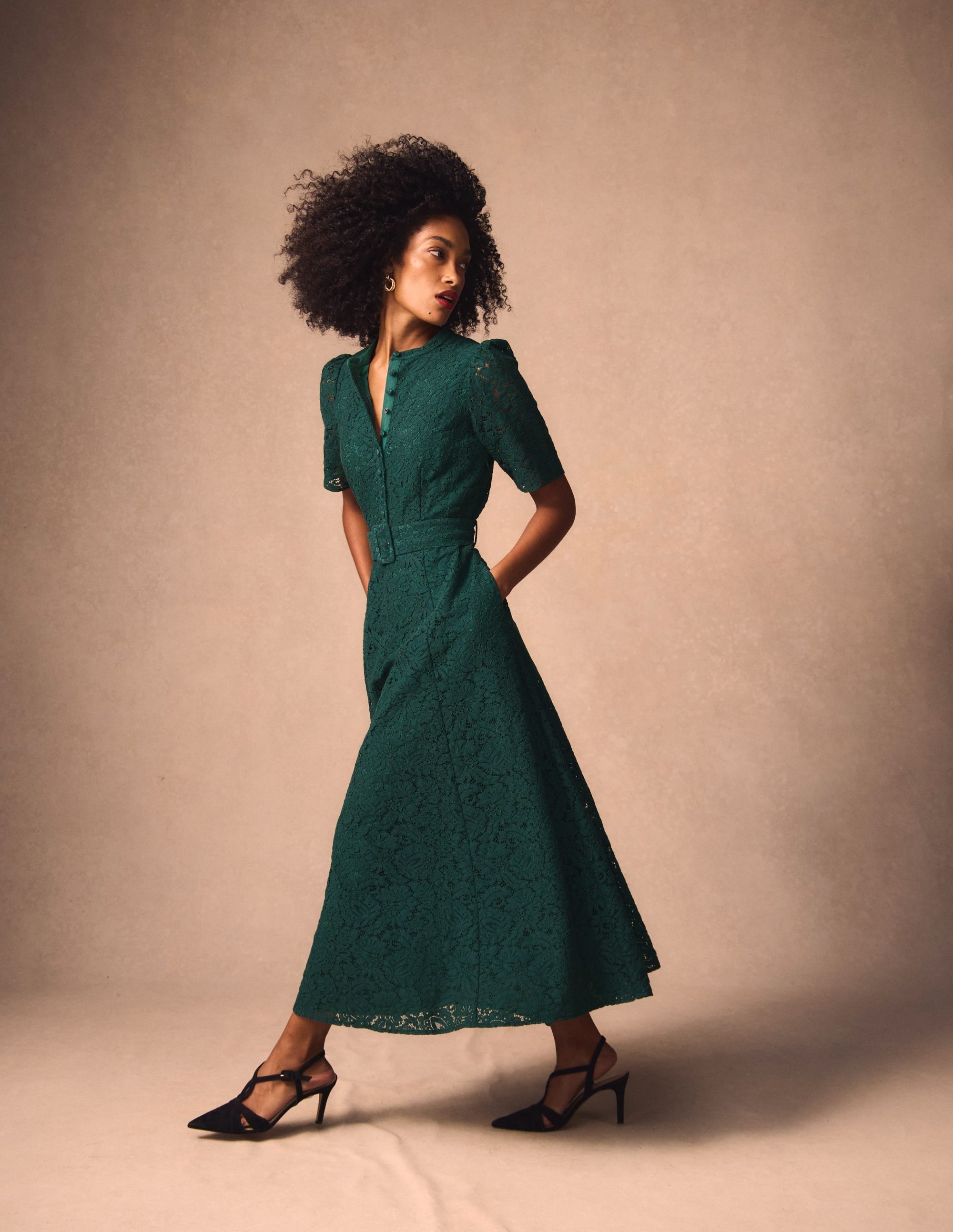 Kate Puff Sleeve Lace Dress-Dark Green