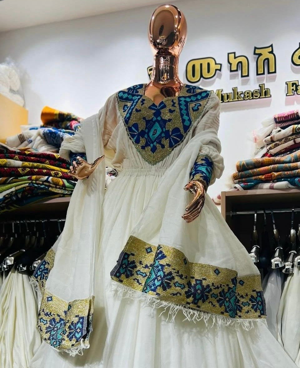 Graceful Blue and Gold Zuria – Modern Habesha Dress | Ethiopian & Eritrean Dresses (Habesha Kemis)