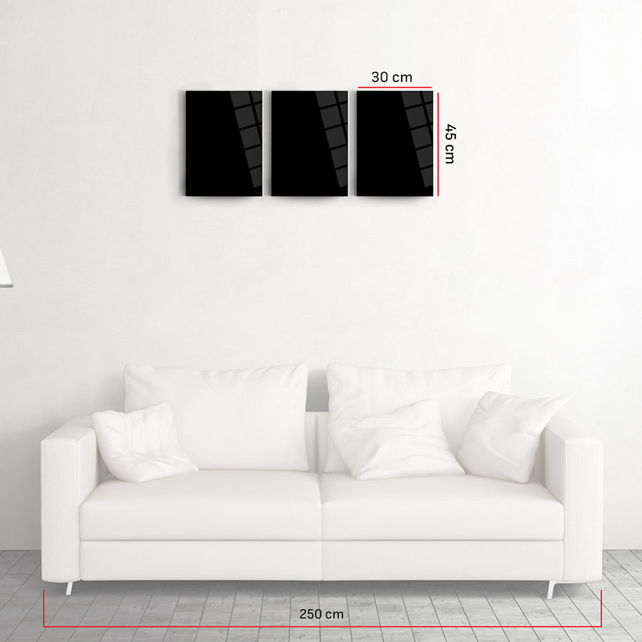Geometrik Desen-5 3'lü Set Cam Tablo, modern tasarım, şık beyaz kanepe arkasında, 3 parçalı duvar sanatı.