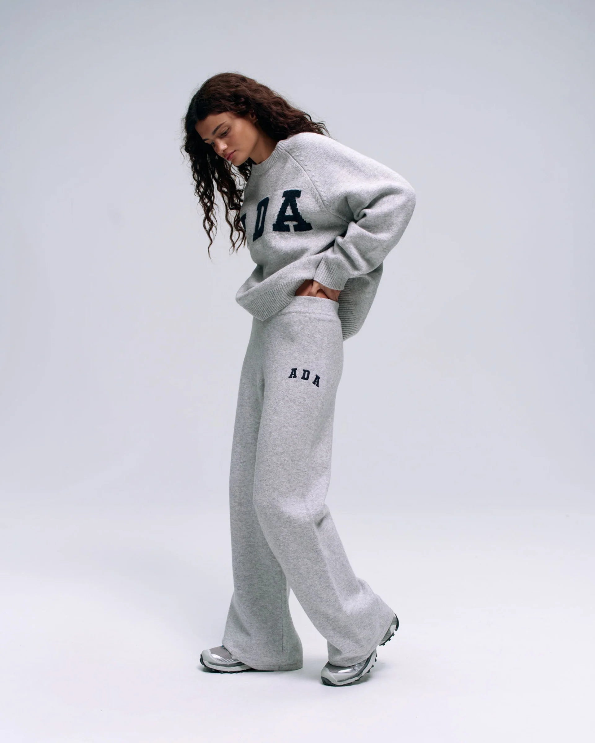 ADA Knit Straight Leg Sweatpants - Light Grey Melange/Navy Blue