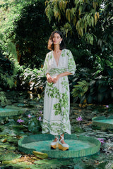 Off-White Green Floral Cascade Midi Dress