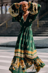 Green Ayla Long Sleeve Ruffled Maxi Dress