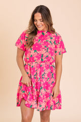 Hot Pink Floral Woven Dress With Elastic Waist