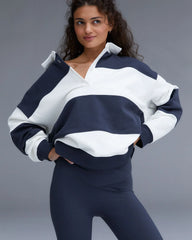 Stripe Oversized Henley Sweatshirt - Midnight Blue/Marshmallow White