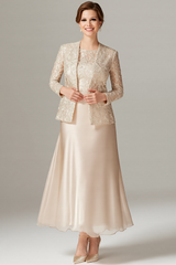 Floral Champagne Satin Mother of the Bride Dress with Sparkly Jacket