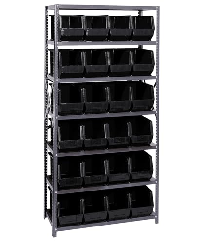 Quantum Storage Systems QSBU-265BK Giant Open Hopper Steel Shelving System, 18" D x 36" W x 75" H, with 7 Shelves and 24 QUS265 Bins, Black