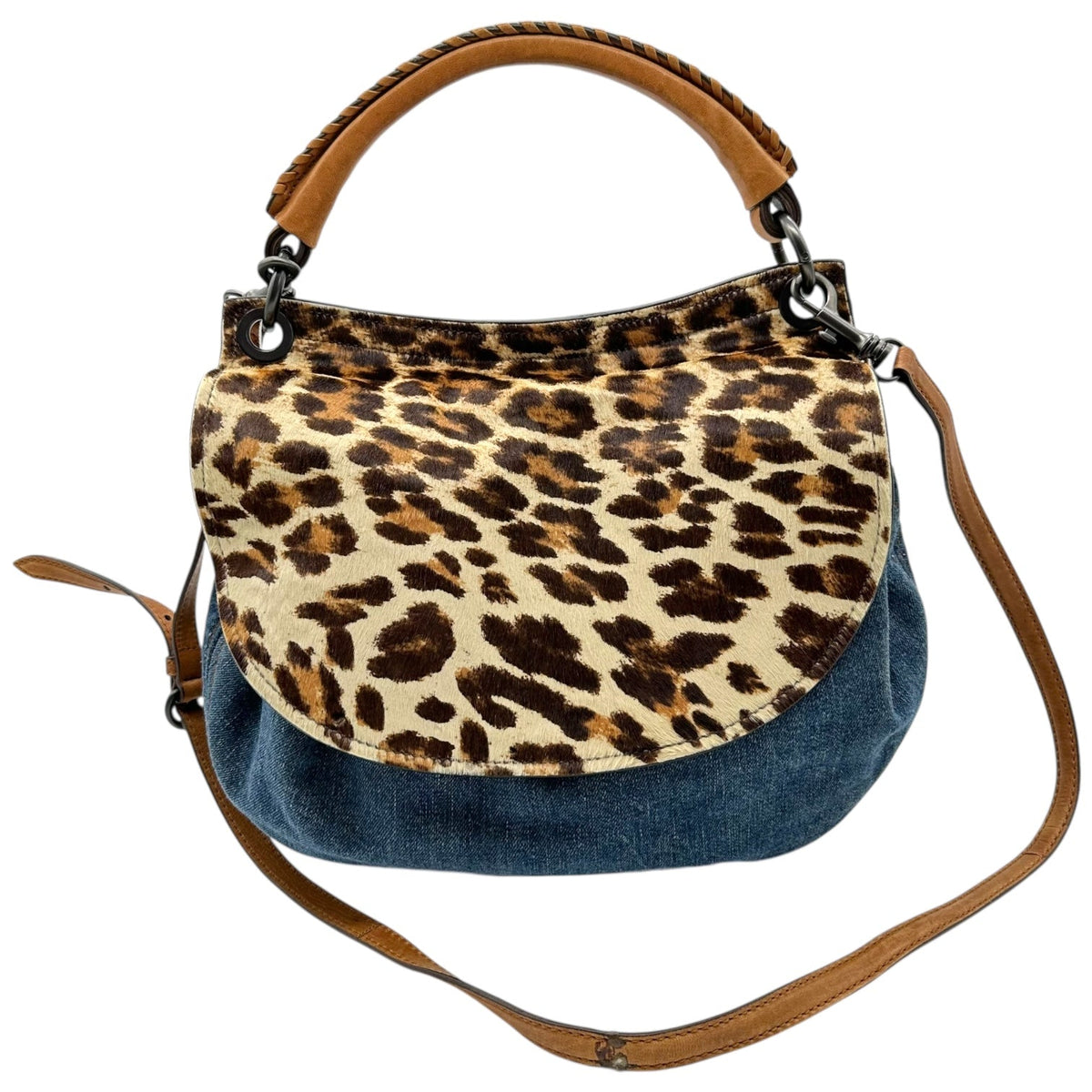 Miu Miu Denim & Leopard Print Ponyhair 2-Way Bag - Outfit Repeater