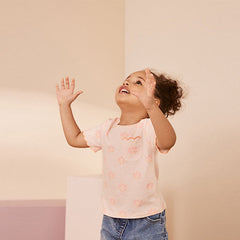 Fluro Pink Flower Short Sleeve Scallop 100% Cotton T-Shirt