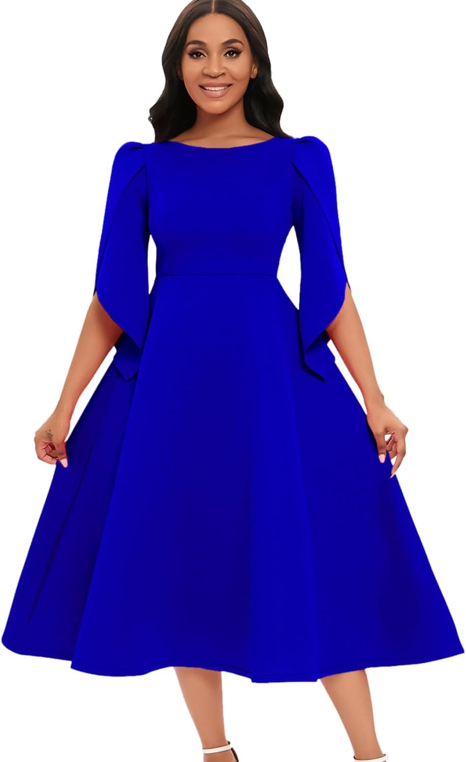 Women's Elegant Bell Sleeve Cocktail Party Dresses/Wedding Guest Fit Flare Sleeve Vintage Midi Evening Dress X-3XL