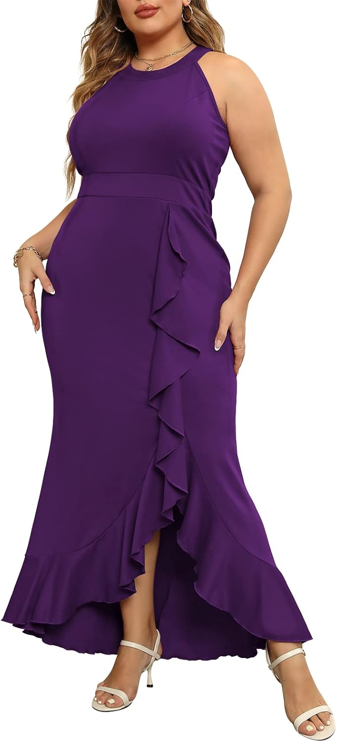 Keluummi Plus Size Formal Wedding Guest Long Dresses for Curvy Women, Halter Neck Empire Waist Mermaid Maxi Cocktail Gown
