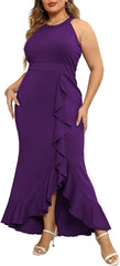 Keluummi Plus Size Formal Wedding Guest Long Dresses for Curvy Women, Halter Neck Empire Waist Mermaid Maxi Cocktail Gown