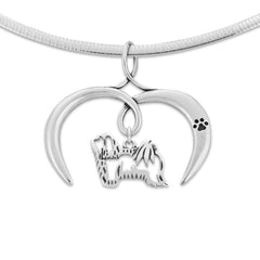 Havanese Necklace with Open Heart Charm Holder with Paw Print in Sterling Silver on Omega Chain.