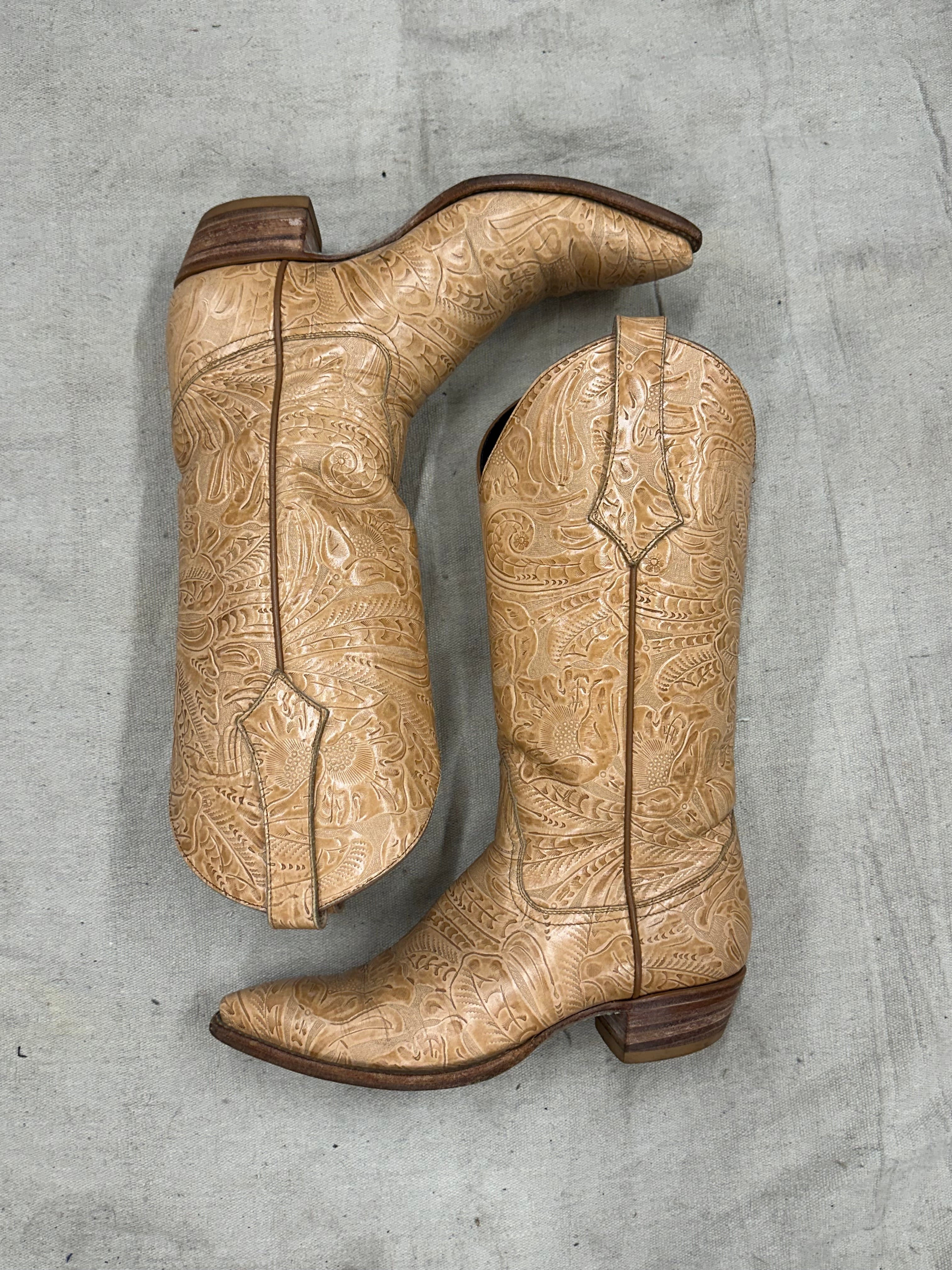 Vintage Floral Tan Cowboy Boots