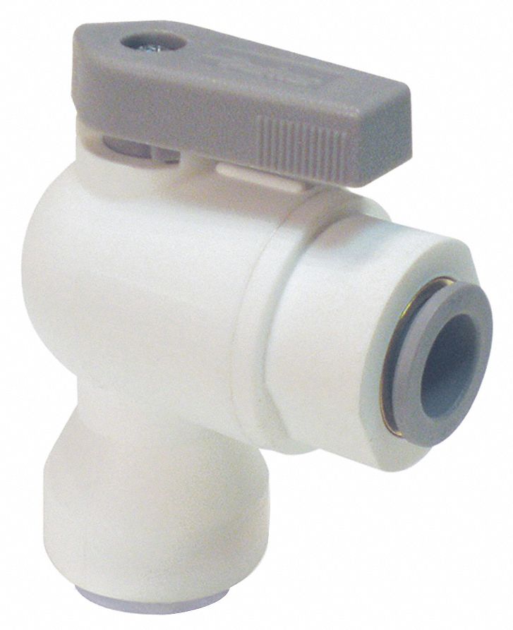 Parker Ball Valve, Polypropylene, Angle, 2-Piece, Pipe Size 1/4 in, Tube Size 1/4 in - LFPP4VEU4