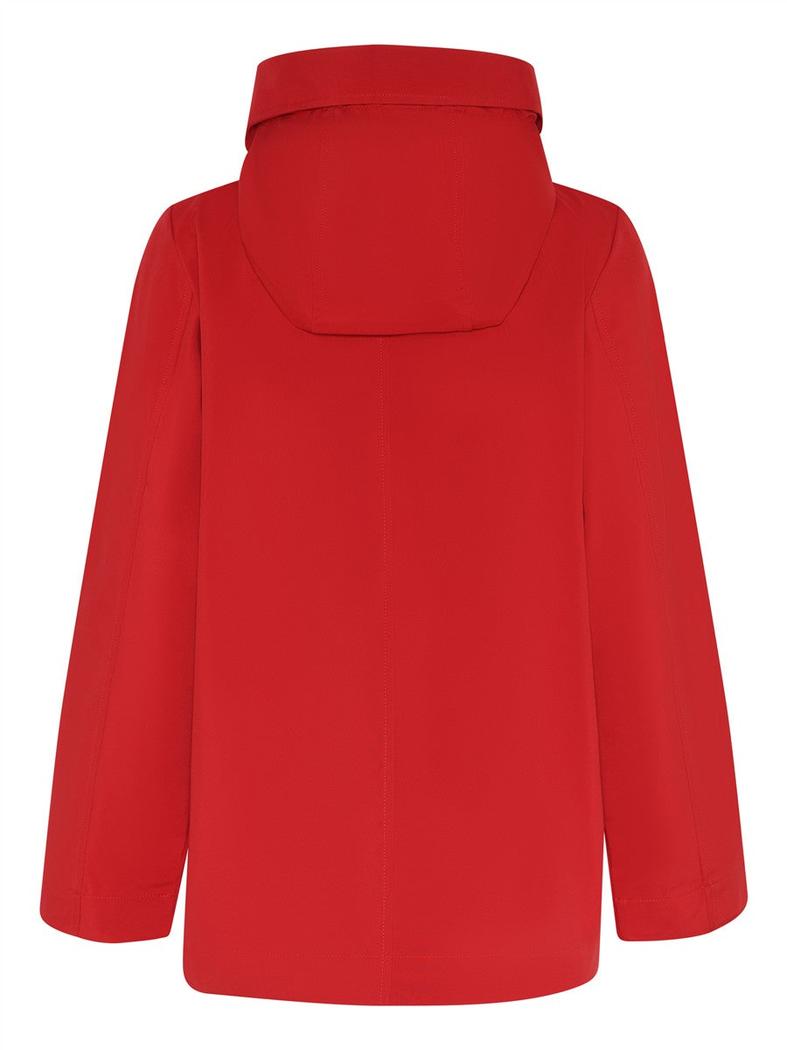 Red polyester hooded jacket with a smooth, modern design and adjustable hood.