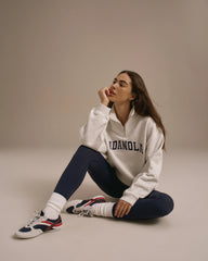 Varsity Relaxed Funnel Neck Zip Sweatshirt - Light Grey Melange/Navy Blue