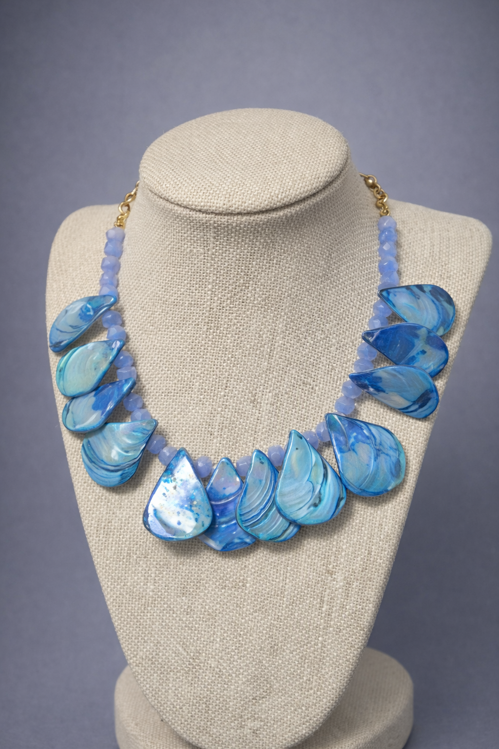 Ocean Blue Marbled Shell & Lavender Crystal Bib Necklace | 18" Handcrafted Gold Chain Graduating Shell Collar with Lobster Clasp & 3" Extension