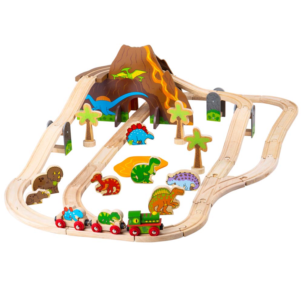 Bigjigs Rail Dinosaur Wooden Train Set (49pc) - Multicoloured Wooden Toys, Model BJT035, Perfect for Kids' Playtime