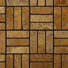 Gold / Yellow Travertine Tumbled Medici Triple Strip Mosaic Tile - 6" X 6" Sample - Tilefornia