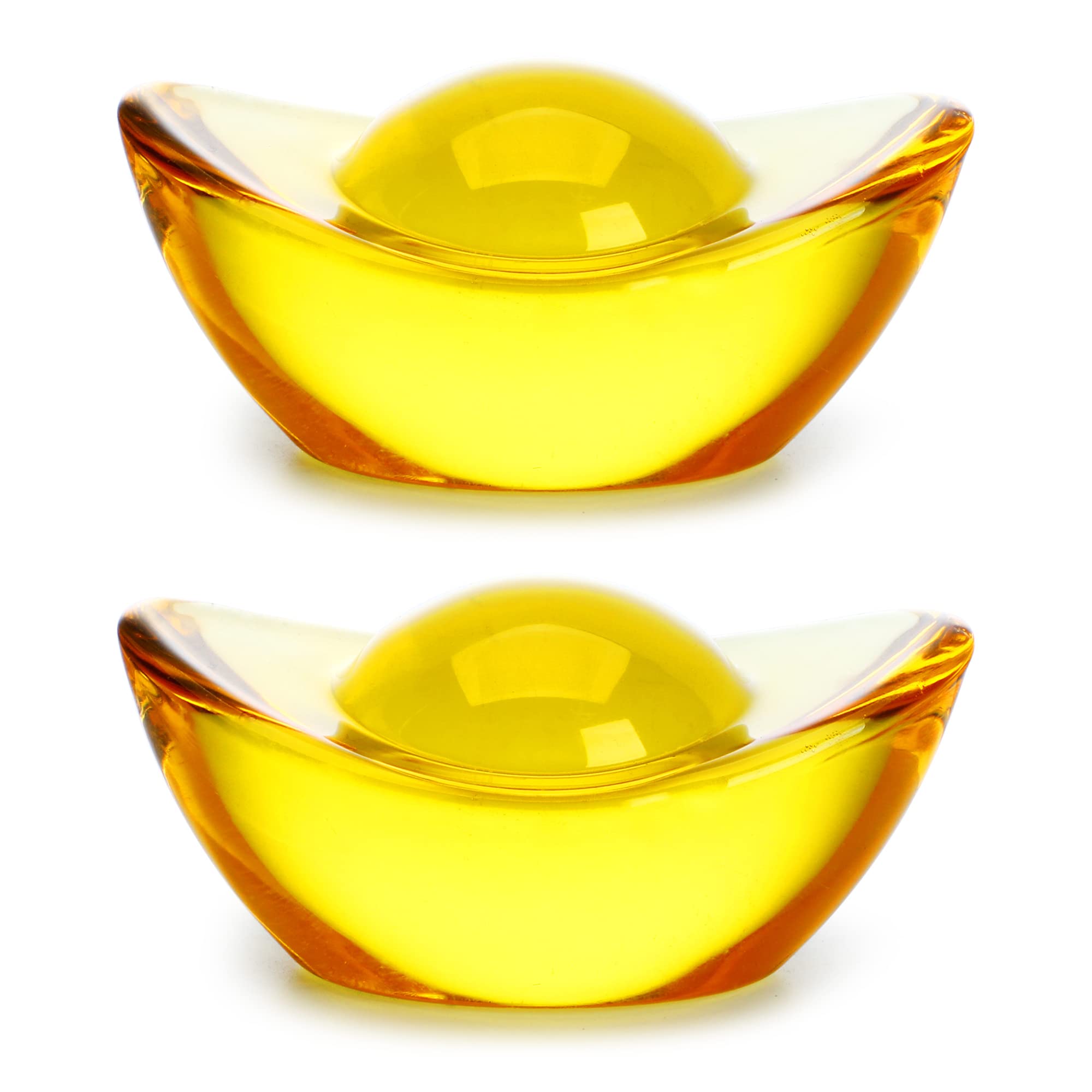 2Pcs Handmade Chinese Yellow Crystal Yuan Bao Figurine Collectibles Feng Shui Golden Ingot Statues Ornament For Wealth Luck,3Inch