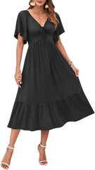 AUSELILY Women's Summer Empire Waist Dress Casual V Neck Short Flutter Sleeve Midi Dresses 2026