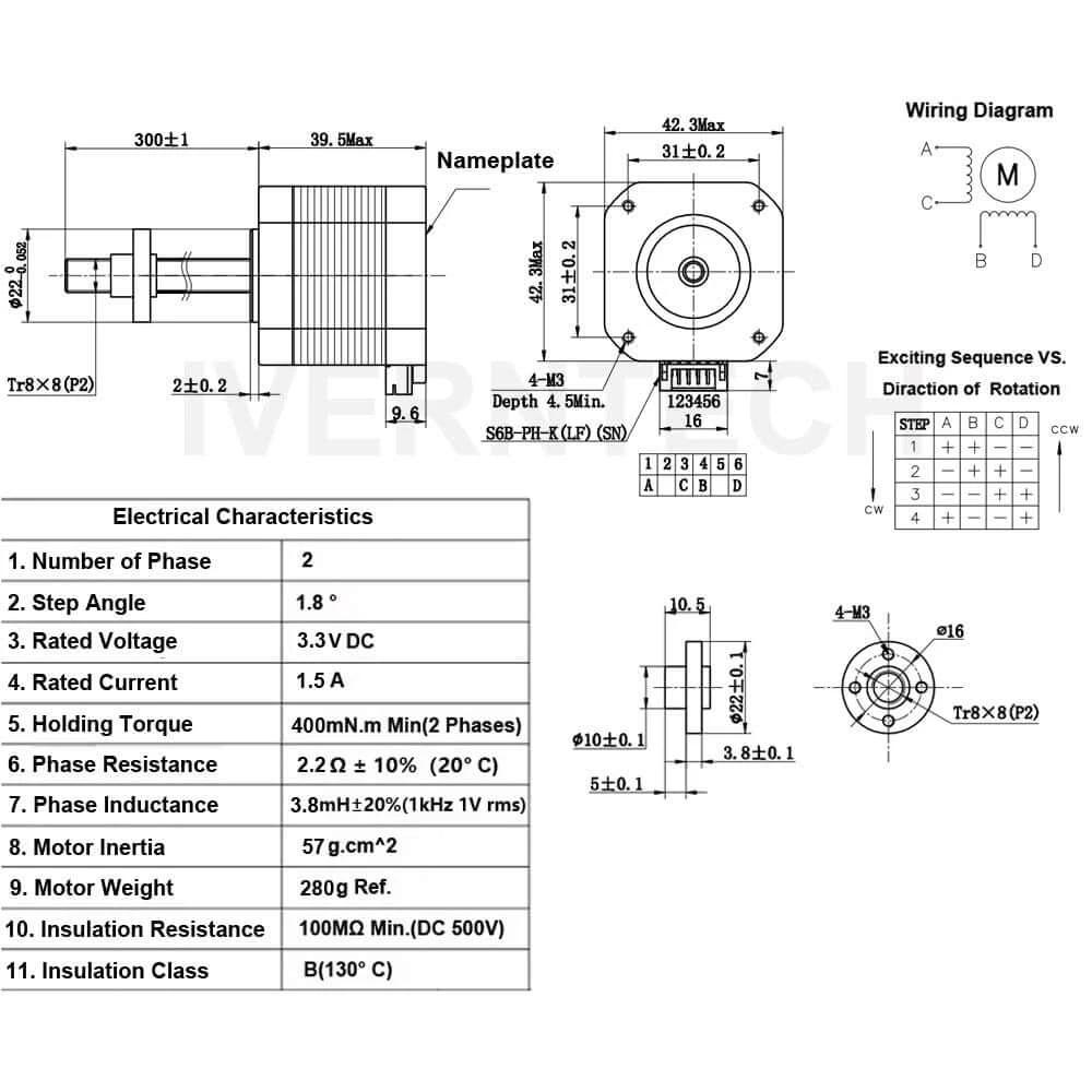 Technical drawing of NEMA 17 Stepper Motor with Integrated 300mm T8 Lead Screw for RepRap Prusa i3 3D Printers Z Axis or CNC Machine.