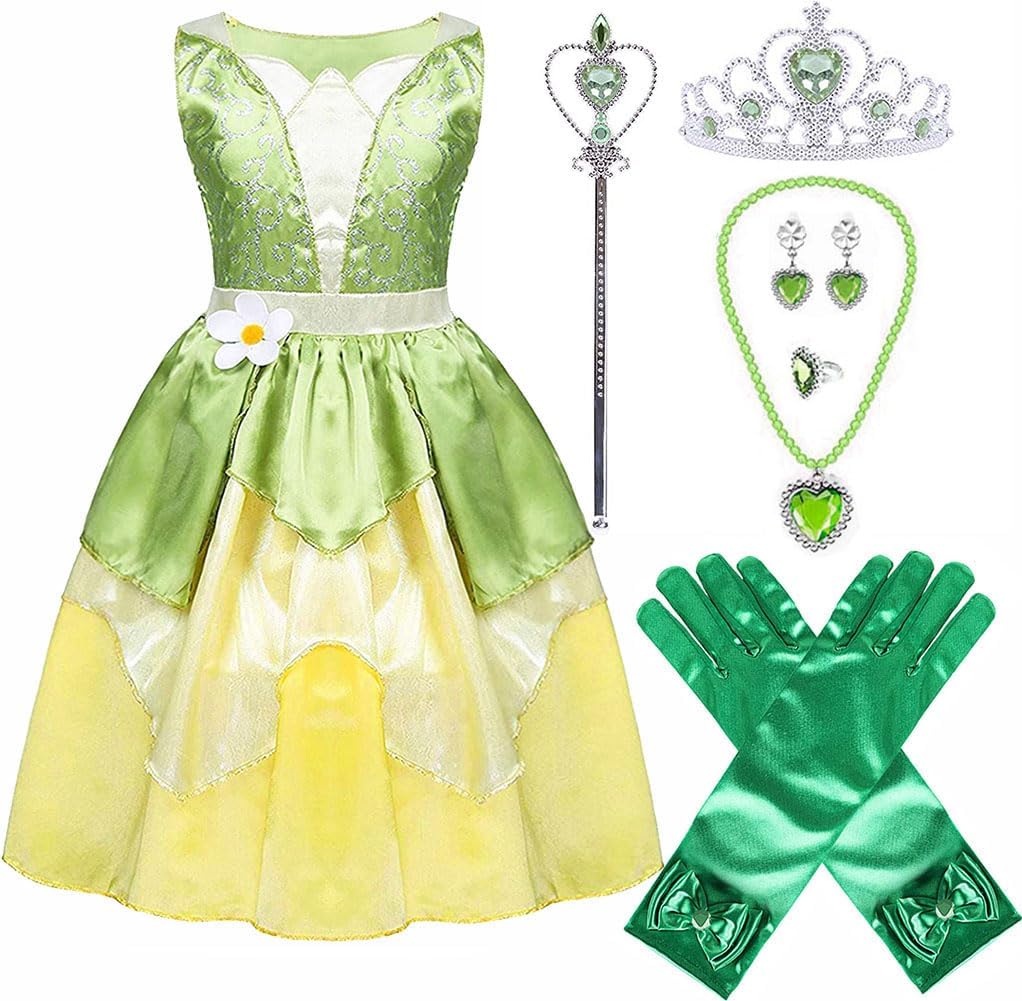 Princess Tiana Dress for Girls Green Fairy Frog Birthday Party Fancy Dresses Halloween Elf Costume Outfits with Accessories (5-6T)