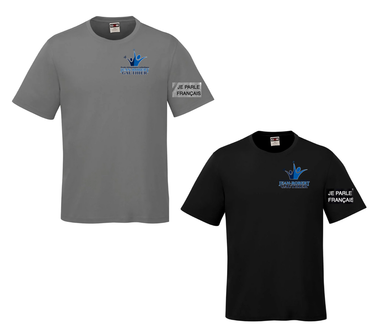 JEAN-ROBERT GAUTHIER DRYFIT SHORT SLEEVE ADULT OR YOUTH WITH LEFT CHEST HEAT PRESS AND "JE PARLE FRAN??AIS" ON SLEEVE