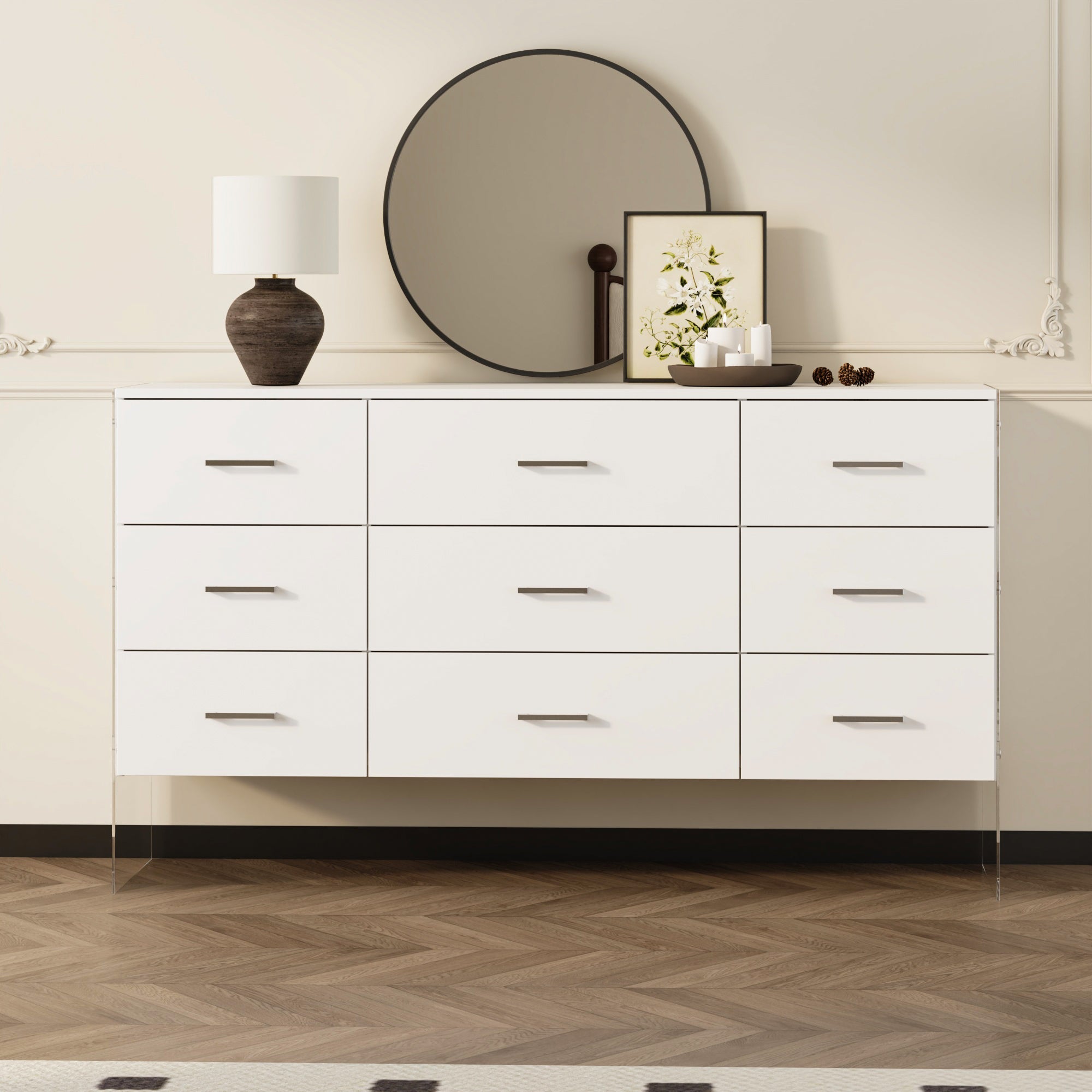 55.1 inch Modern White Dresser with Glass Legs