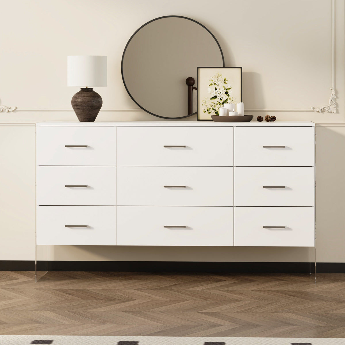 55.1 inch Modern White Dresser with Glass Legs