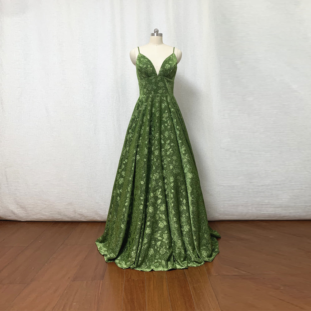 Moss Green Floral Prom Dress 2023 Ball Gown Spaghetti Straps Long Evening Dress with Pockets