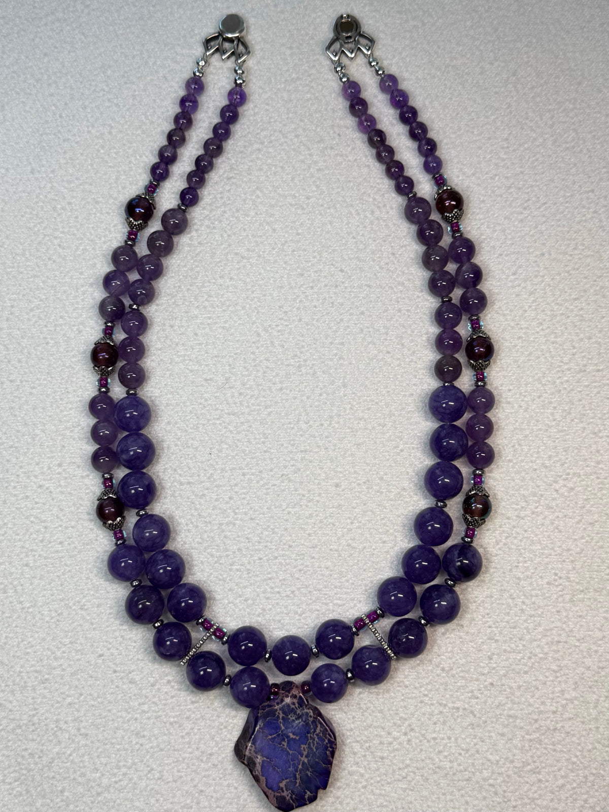 New! Yara Litosch double strand necklace of amethyst beads,withJasper drop pendant # 27