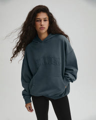 Distressed Varsity Washed Oversized Hoodie - Storm Blue