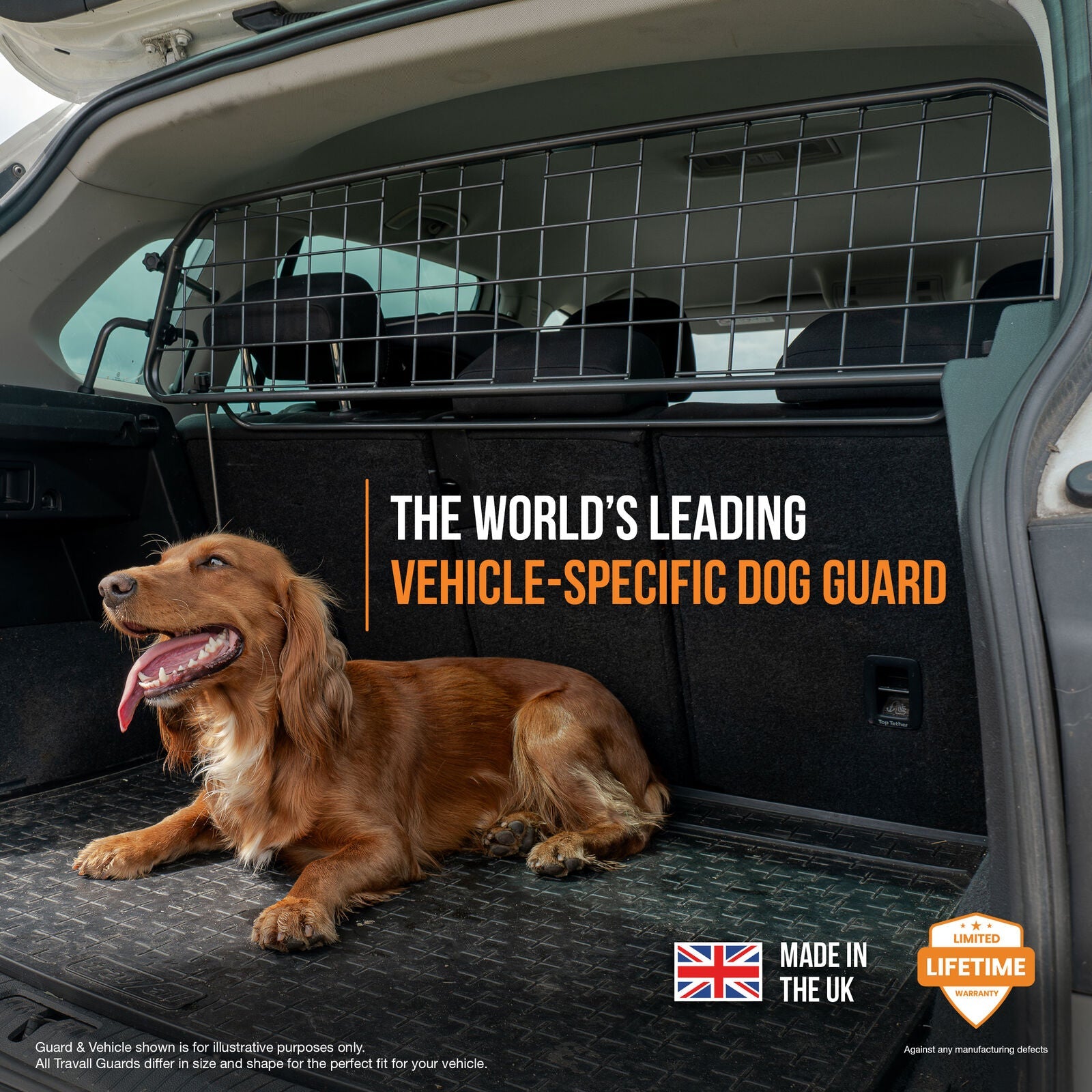Dog sitting in a vehicle with a vehicle-specific dog guard, featuring text about the product and its features.