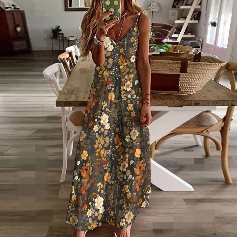 Floral Maxi Dress, Fall Brown Autumn Long Flowers Spaghetti Straps Women Sleeveless Casual Cute Designer Elegant Plus Size Cocktail Designer - Starcove Fashion