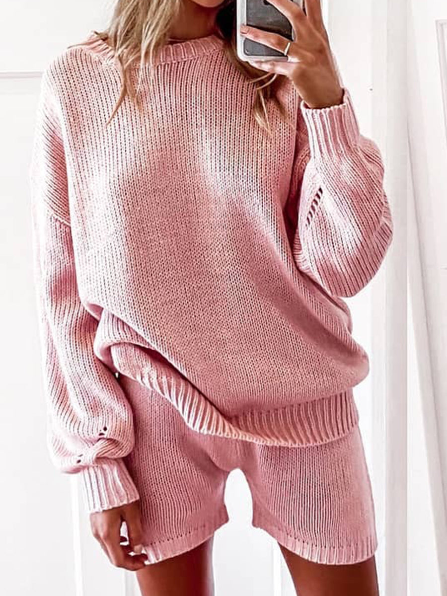 Casual Loose Solid Color Shirt Shorts Two-piece Suit