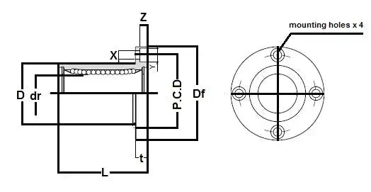 Technical diagram of ✝️ SMSF6G 6mm Slide Bush Bushings Miniature Motion Linear Bearing with dimensions and mounting holes