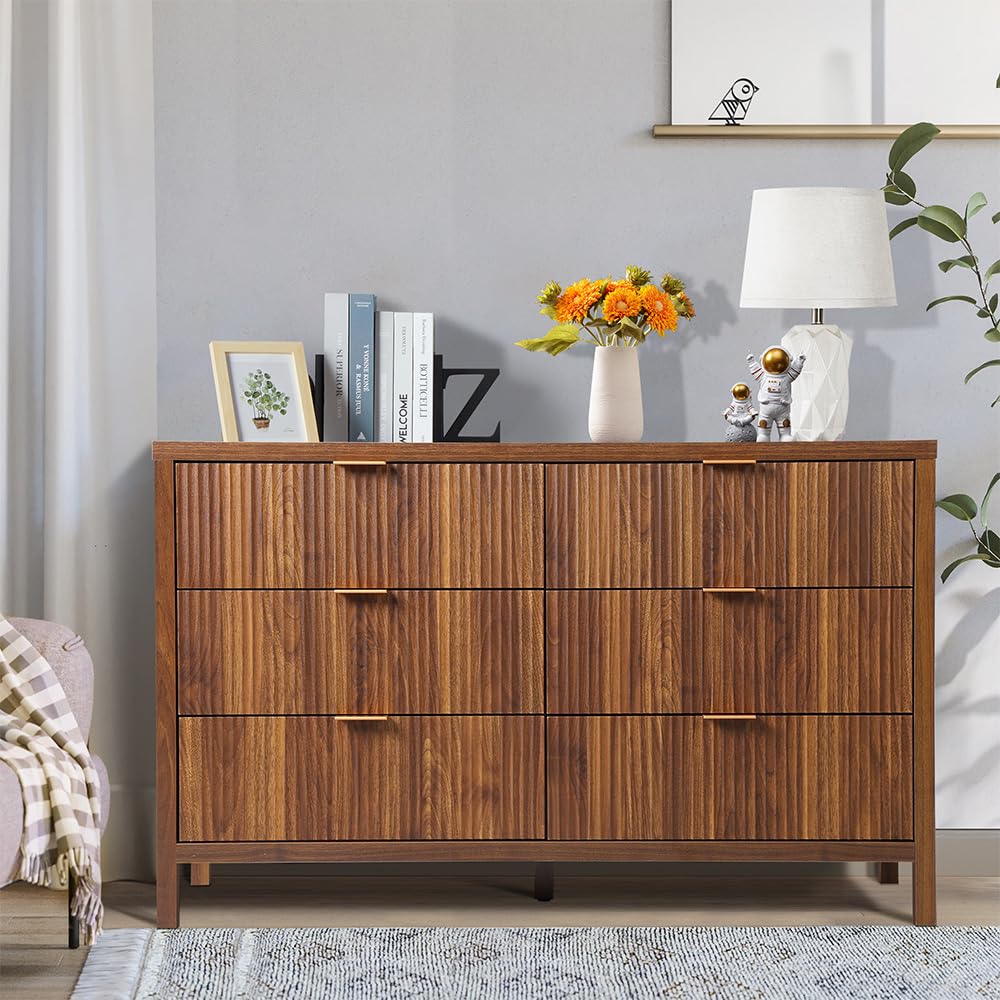 affeivul Mid Century Modern Dresser TV Stand, 6 Drawer Dresser for Bedroom Wood, Farmhouse Boho Storage Cabinet Side Table with Solid Natural Wood Legs, Long Wooden Dresser for Closet (Walnut) affeivul